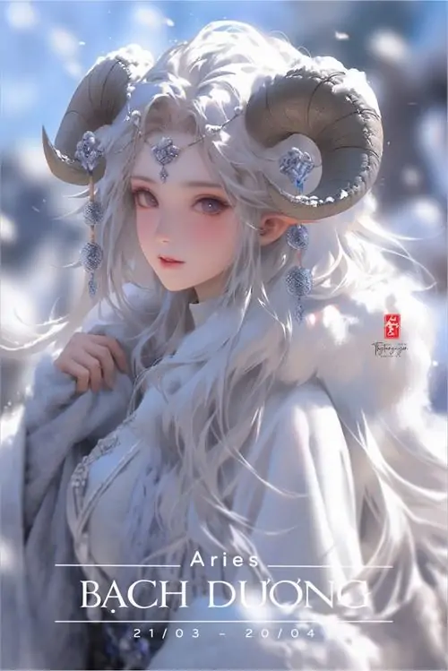 Ảnh Dương Cưu cô gái tóc bạc mặc áo lông trắng đứng trong nền băng xanh, cặp sừng ôm đầu và ánh nhìn mềm khiến bức chân dung nữ đẹp theo kiểu lạnh