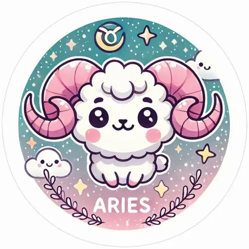 Biểu tượng chú cừu trắng viền hồng nằm trong huy hiệu tròn nhiều sao, má phồng nhẹ và chữ Aries bên dưới làm bức này hợp làm ảnh avatar cute