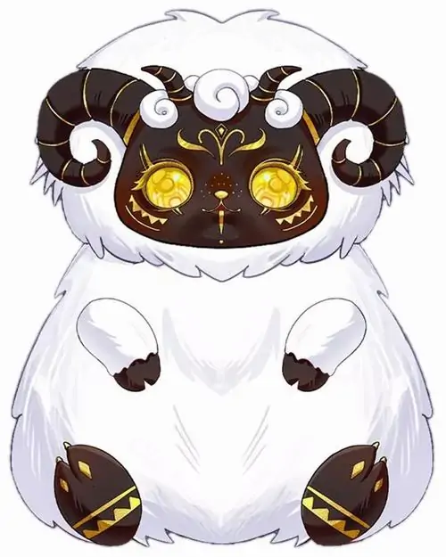 Con cừu hoạt hình thân tròn ngồi chính diện, sừng đen bóng và đôi mắt vàng lớn khiến bức này vui mắt, hơi ngầu nhưng vẫn giữ nét chibi rất rõ