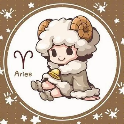 Ảnh hoạt hình chú cừu nhỏ ngồi trong khung tròn nâu be, tay ôm chân và nét vẽ đơn giản làm ảnh Aries này hợp người thích phong cách nhật ký xinh xắn