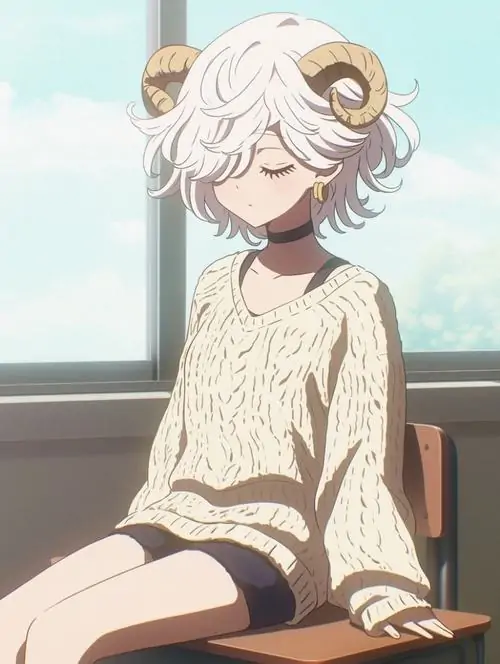 Chàng trai tóc trắng ngồi nghiêng bên cửa sổ sáng, áo len rộng và cặp sừng nhỏ khiến bức ảnh anime nam này mang cảm giác hiền, gọn và khá đẹp