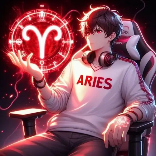 Ảnh dọc chàng trai anime ngồi trước biểu tượng cung phát sáng đỏ, áo trắng in Aries và ánh nhìn nghiêng tạo cảm giác trẻ, ngầu vừa đủ để làm avatar nam