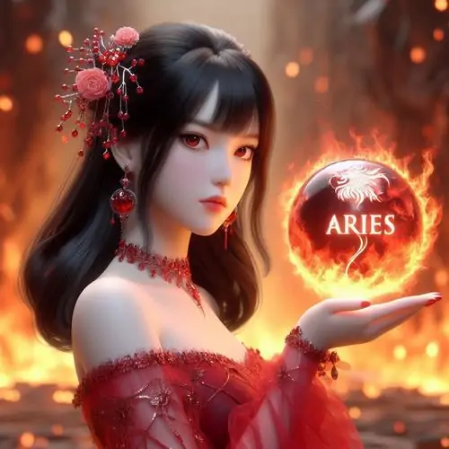 Ảnh nhân vật cô gái tóc đen mặc váy đỏ cầm vòng sáng Aries trước ngực, nền lửa cam phía sau làm dáng đứng nghiêng của nhân vật nữ trông cuốn và ngầu