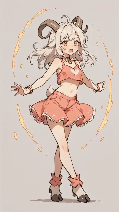 Nhân vật nữ chibi toàn thân mặc váy ngắn màu cam nhạt, hai tay mở nhẹ và nét vẽ đơn giản giúp bức này thoáng, xinh và hợp người thích ảnh Bạch Dương nữ sáng