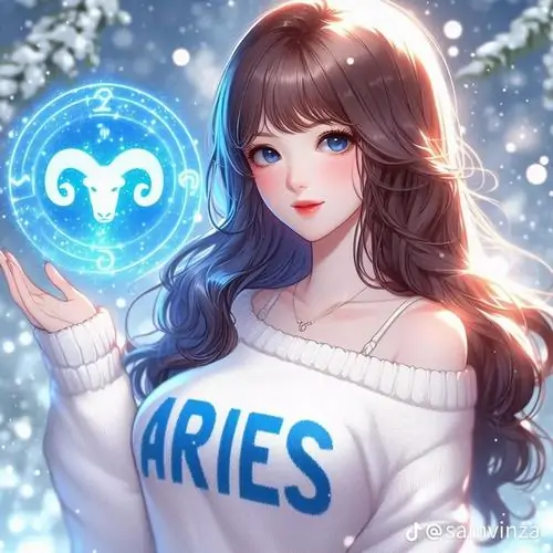 Cô gái tóc nâu mặc áo in Aries giơ quả cầu xanh trước ngực, nụ cười nhẹ và nền xanh sao phía sau làm hình đại diện này tươi, trẻ và rất dễ nhìn