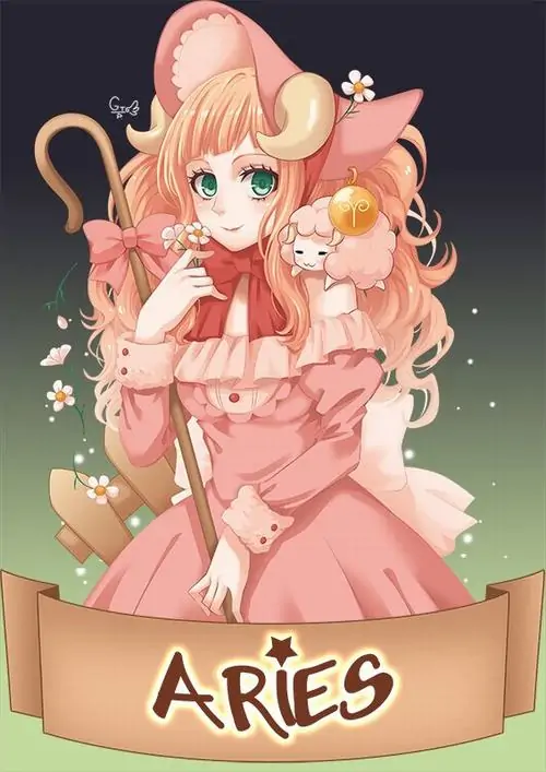 Ảnh chibi cô bé tóc hồng ngồi trong khung giấy màu kem có chữ Aries, váy xếp nếp và sừng nhỏ khiến bức này hợp làm hình nền nữ nhẹ và dễ thương