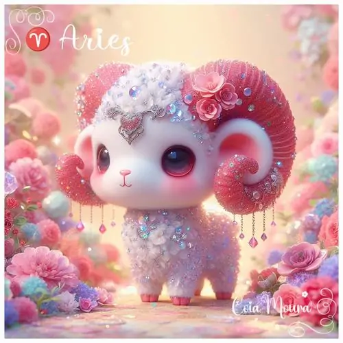 Sinh vật nhỏ màu hồng tím với sừng ram đứng giữa nền kẹo ngọt, mắt xanh tròn và lông mịn làm khung ảnh trông rất cute như thú cưng chibi Bạch Dương