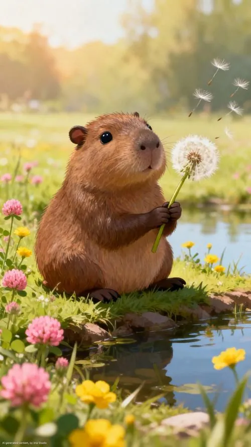 Một cảnh hoạt hình mô phỏng lễ hội thả diều, capybara chạy trên bãi cỏ tay kéo sợi dây dài, bầu trời chấm đủ sắc màu làm hình nền điện thoại trông cực vui