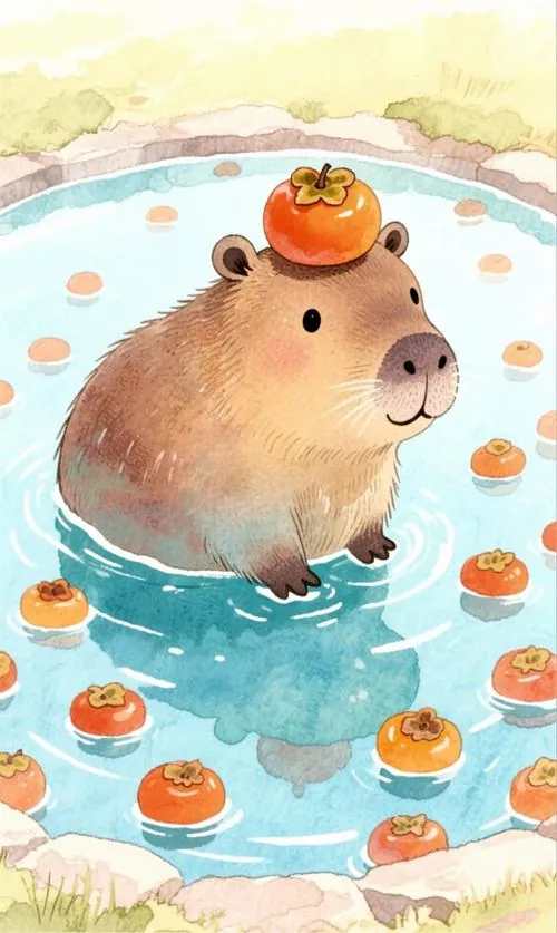 Một capybara mặc áo mưa vàng đi ngang con hẻm vừa tạnh, vũng nước phản chiếu biển hiệu đỏ xanh khiến ảnh nền động vật thư giãn trông vui và khá ngầu