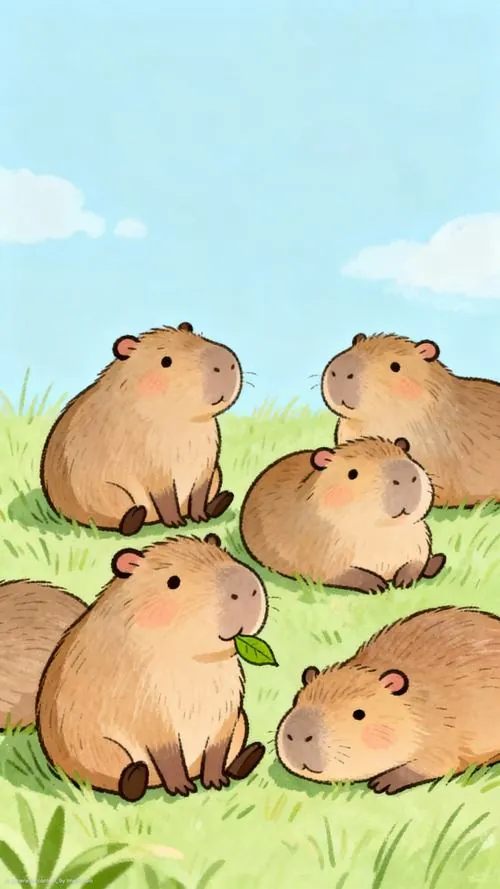 Capybara đứng trên sân thượng đầy chậu gốm, hai chân chạm nhẹ dây phơi khăn trong gió, bầu trời chiều phơn phớt cam làm ảnh nền chuột lang nước dịu mà đẹp