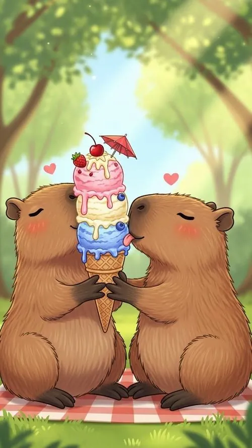 Phiên bản tranh phấn màu cho thấy capybara đứng cạnh xe bán kem trên quảng trường, nền trời xanh phai và vệt màu mềm giúp ảnh nền chuột lang nước rất êm