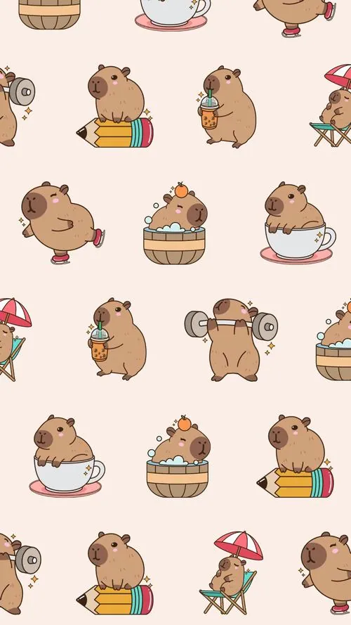 Tấm kính màu ghép thành hình capybara ôm chùm quả mọng, ánh sáng xuyên qua mảng cam xanh hắt xuống nền khiến ảnh wallpaper này vừa sáng bừng vừa lạ mắt