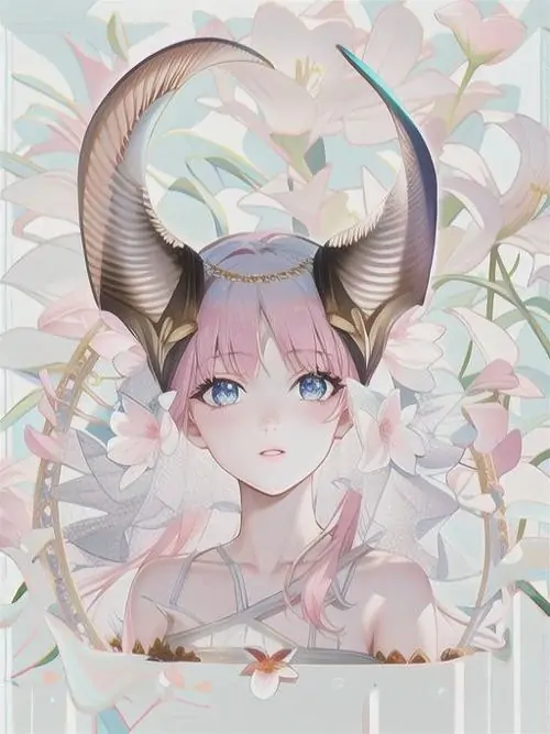 Thiếu nữ tóc trắng hồng nhìn thẳng với cặp sừng lớn cong cao, nền hoa pastel và nét vẽ mỏng nhẹ khiến bức cuối cùng giống một ảnh anime cung đất đáng yêu rất êm