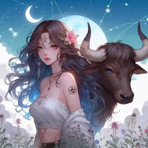 Ảnh dịu mắt cô gái tóc nâu đứng cạnh đầu bò giữa đồng cỏ sáng trăng, váy trắng bay nhẹ phía sau lưng làm khung cảnh mềm và có chút mộng mơ