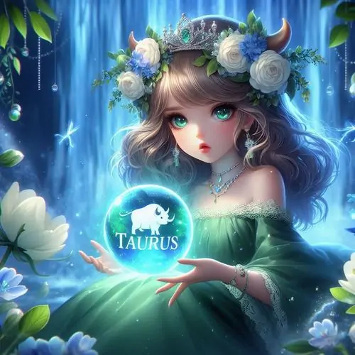 Nàng tóc xanh ngọc ngồi giữa hồ sen, trên tay ôm quả cầu phát sáng ghi Taurus nên nhìn vừa như hình nền thư giãn vừa có nét cung hoàng đạo rõ ràng