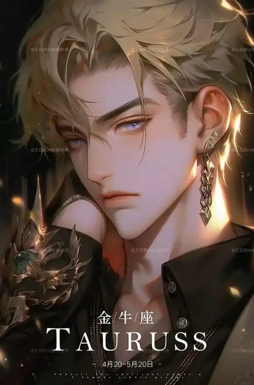 Avatar nam Taurus chàng trai tóc vàng vuốt ngược nhìn nghiêng, khuyên tai dài và ánh sáng nâu đồng khiến bức chân dung này ngầu theo kiểu fantasy cổ điển
