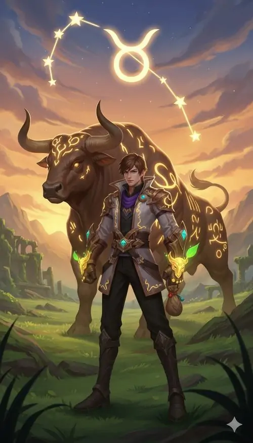 Bóng người dắt hoặc đứng cạnh con bò dưới trời hoàng hôn vàng hồng, bố cục xa và nền đồi thoáng tạo cảm giác rất hợp làm hình nền cung Kim Ngưu