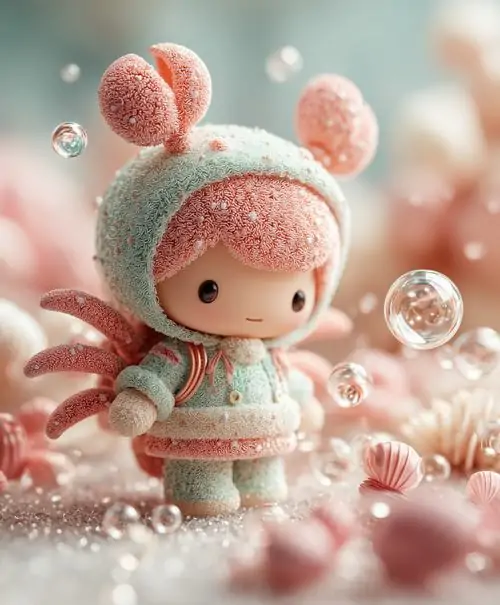 Ảnh bìa búp bê nhỏ đội mũ tai thỏ đứng giữa nền hồng kem, hai tay ôm trước ngực và đôi mắt tròn làm bức này dễ thương theo kiểu đồ chơi sưu tầm