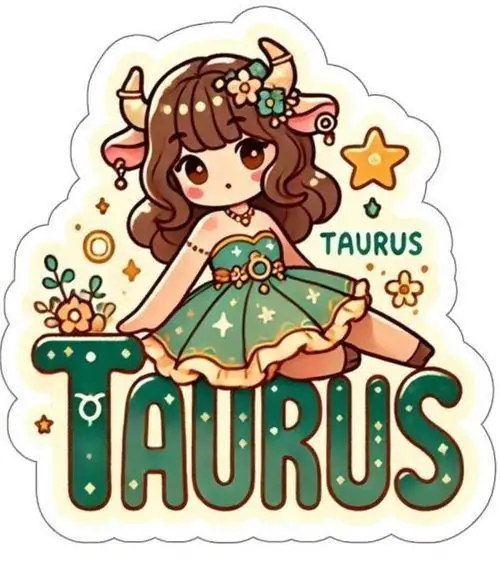 Hình sticker cô gái tóc nâu có sừng ngồi cạnh chữ Taurus xanh, đường nét tròn và màu sắc vui làm mẫu này hợp dùng như avatar chibi hơn ảnh nền