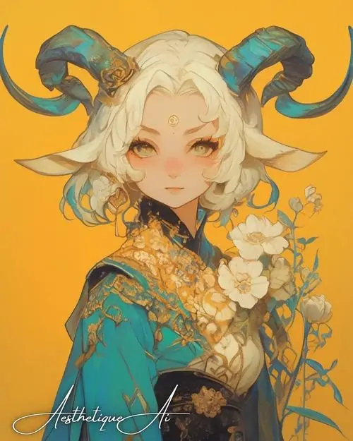 Cô bé tóc vàng xoăn mặc áo xanh ngọc trên nền vàng tươi, sừng cong lớn và nụ cười sáng làm hình Kim Ngưu chibi nữ này trông vui và rất đẹp