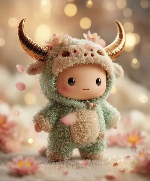 Ảnh đại diện cute thú bông mặc đồ len có sừng đứng giữa nền mờ hồng kem, dáng nhỏ tròn cùng đôi mắt đen làm bức hình vừa ấm vừa dễ thương