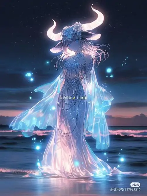 Nhân vật phát sáng đứng trên mặt biển đêm với cặp sừng lớn và váy ánh tím, toàn thân vươn thẳng trong khung tối làm bức này đẹp như một hình nền thần thoại