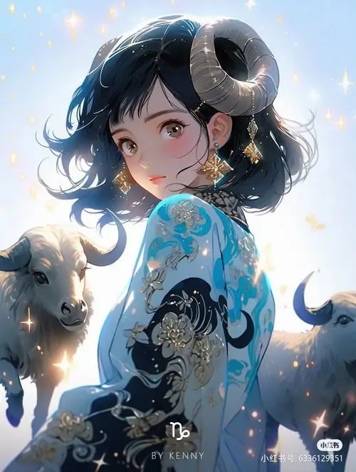 Ảnh chibi bé gái tóc đen ngồi với chú cừu nhỏ trong nền xanh trời, đôi sừng tròn và váy xanh loang nước làm cả khung hình trông trong veo rất dễ thương