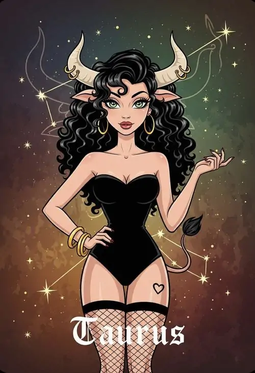 Cô nàng mặc váy đen ngắn đứng giữa nền sao và vòng sáng Taurus, dáng tay chống hông cùng ánh mắt thẳng làm bức hình nhỏ này khá ngầu và gọn gàng