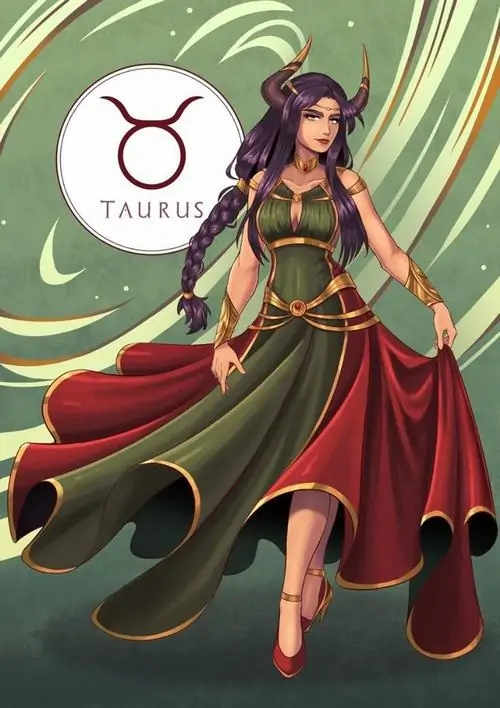 Ảnh nhân vật cô gái mặc áo choàng xanh đỏ đứng nghiêng dưới biểu tượng Taurus, mái tóc nâu bay theo tà áo làm hình vẽ nữ Kim Ngưu cách điệu trông mạnh mẽ hơn