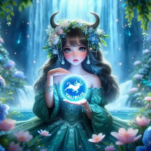 Hình nền cute cô gái tóc xanh đội sừng phát sáng ngồi giữa hoa súng và màn nước, hai tay ôm quầng tròn trước ngực làm khung hình dịu và đẹp đến mức muốn lưu ngay