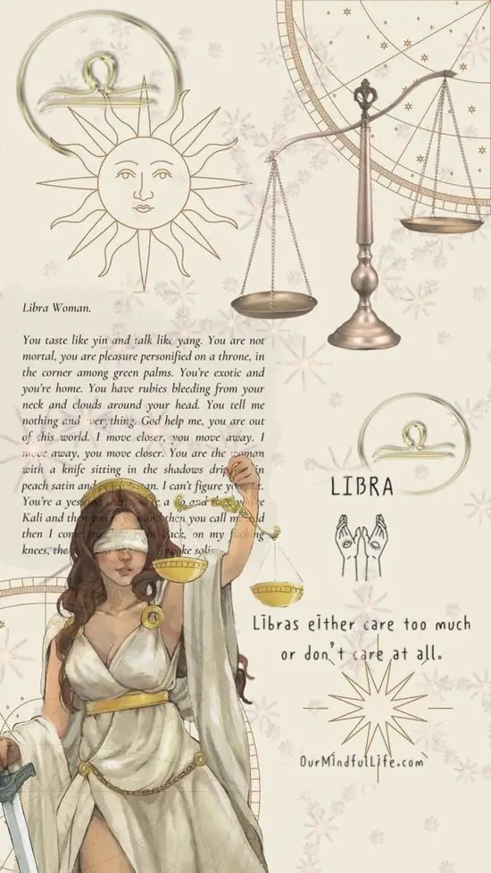 Trang giấy màu kem ghi lại phác thảo cán cân, ký hiệu hoàng đạo và một cô gái váy sáng ở góc dưới, tạo cảm giác như ảnh đại diện phong cách Libra theo kiểu sổ tay cổ