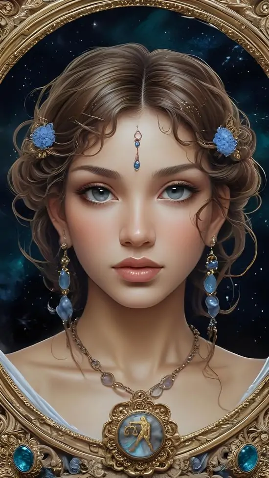 Ảnh nền sang cận mặt cô gái tóc nâu xoăn nhẹ, mắt to nhìn thẳng, phụ kiện xanh bạc đặt trên trán và cổ làm khung chân dung này mềm, sạch và rất dễ ngắm