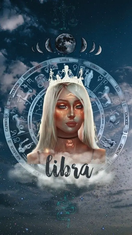 Gương mặt cô gái tóc trắng hiện trong vòng sáng băng xanh, bên dưới có chữ libra viết tay và nền tối sâu giúp ảnh đại diện phong cách Libra trông lạnh mà vẫn dịu