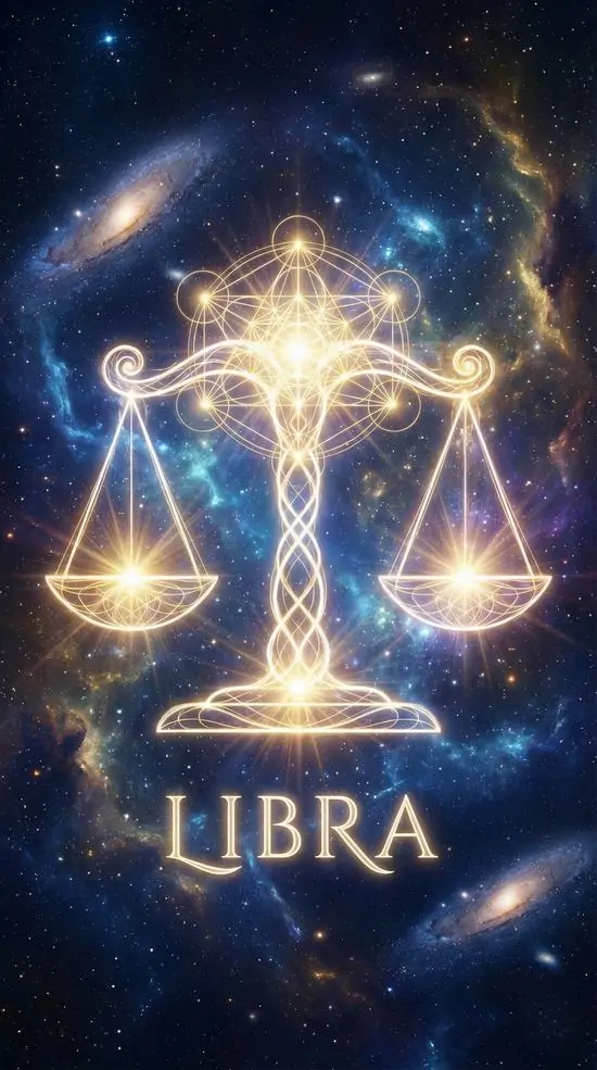 Hình nền vũ trụ chiếc cân vàng phát sáng rực giữa đám mây sao xanh đen, chữ LIBRA nằm bên dưới và ánh sáng tỏa đều hai phía làm bố cục trông rất cân xứng