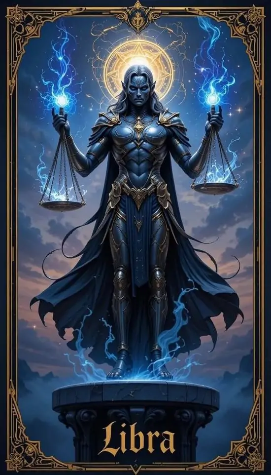 Ảnh nền phong cách Libra nhân vật mặc giáp xanh đứng giữa nền sáng lạnh, hai tay dang ngang và các chiếc cân phát quang hai bên làm khung hình trông rất mạnh, dứt khoát