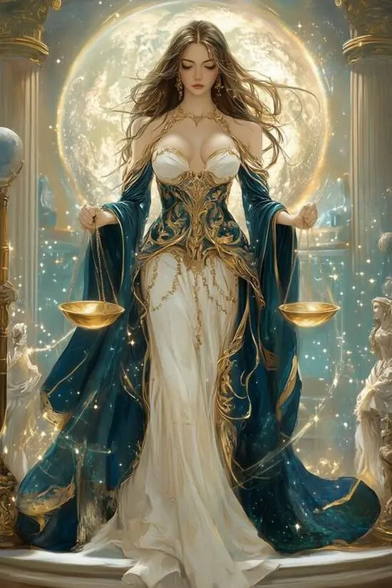 Ảnh nền full màn người phụ nữ tóc vàng mặc váy kem đứng trước vầng trăng lớn, hai tay hạ nhẹ và váy rủ mềm làm hình ảnh Thiên Bình nghệ thuật trông hiền, sáng, thanh