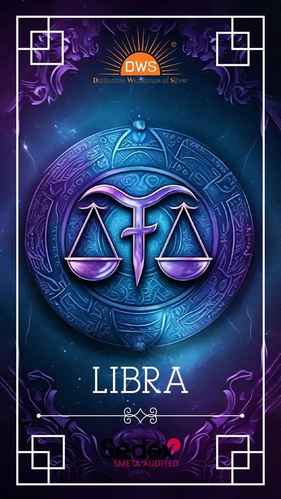 Tấm thẻ tím xanh đặt ký hiệu Libra ở giữa vòng tròn phát sáng, viền ngoài có họa tiết hình học và chữ LIBRA nhỏ phía dưới nên tổng thể rất gọn, hiện đại