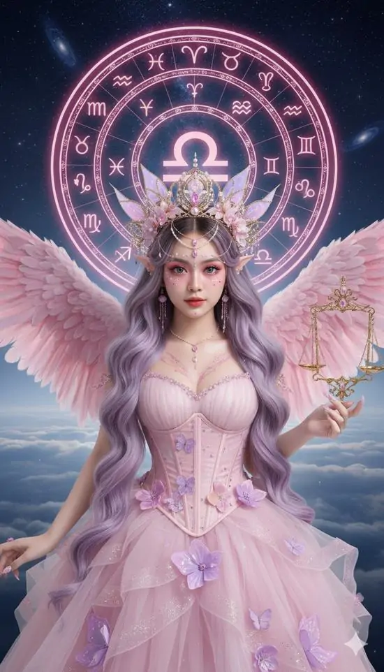 Ảnh bìa Libra cô gái váy hồng xếp tầng dang cánh mềm dưới vòng tròn biểu tượng phía sau đầu, nền tím dịu và ánh sáng hồng làm khung ảnh trông ngọt, bay