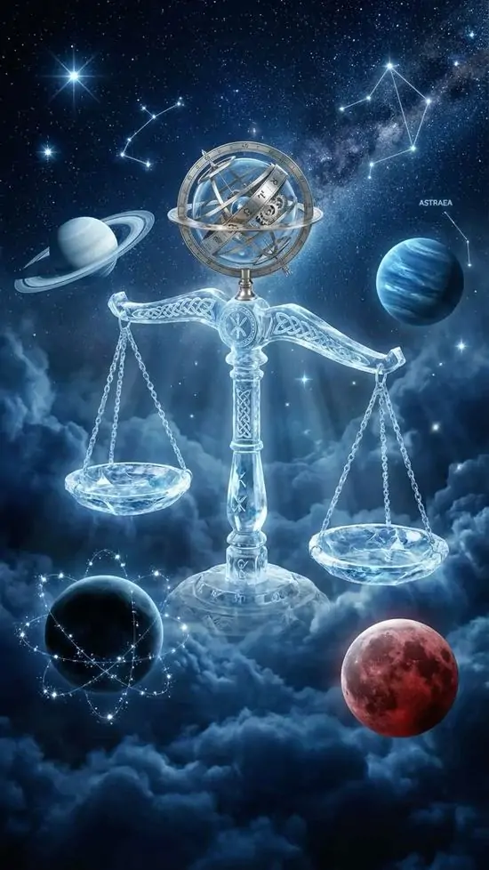 Giữa nền không gian có hành tinh và mây đêm, chiếc cân trắng phát sáng hiện lên bằng nét mảnh nên ảnh chòm sao Thiên Xứng này mang vẻ lạnh, thoáng và khá tương lai