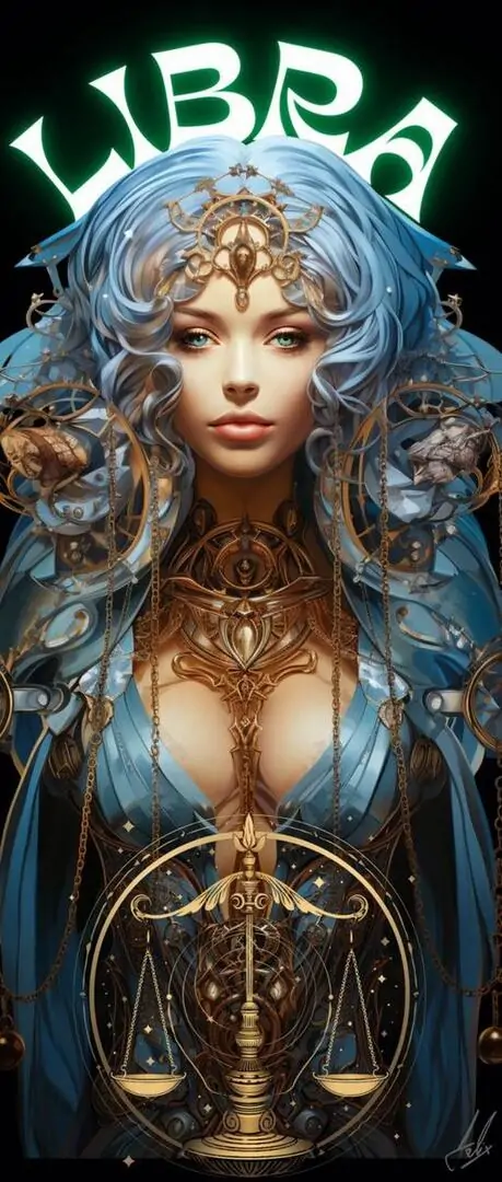 Hình nền đẹp chân dung nữ đội mũ miện cầu kỳ với chữ LIBRA phía trên, hai bên là chi tiết cán cân và nền xanh vàng đậm làm ảnh chòm sao Thiên Xứng trông rất sang