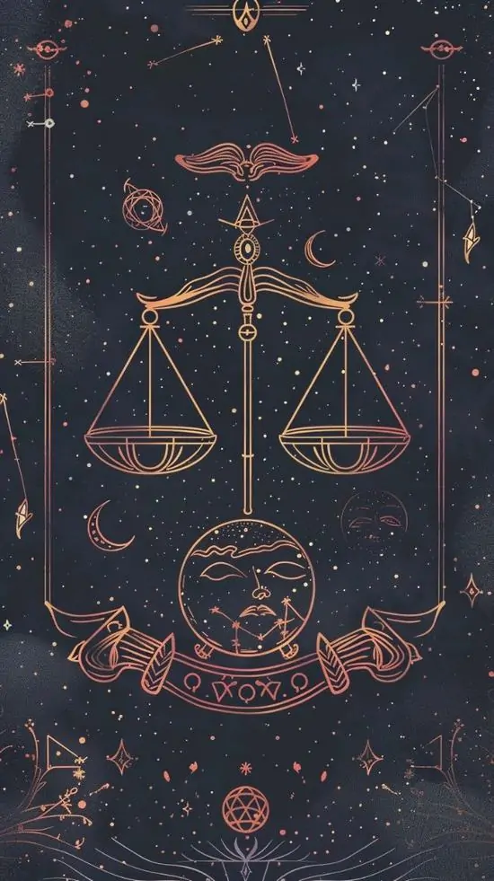 Ảnh nền nghệ thuật bản vẽ tối màu đặt chiếc cân và các ký hiệu tròn theo trục dọc, nét đồng đỏ mảnh trên nền than làm hình đồ họa chòm sao Cái Cân nhìn rất gọn