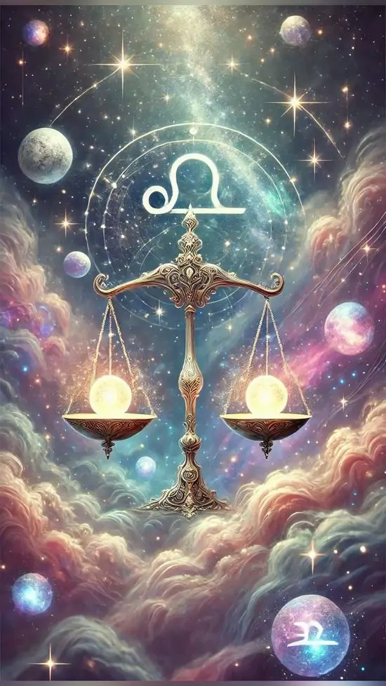 Giữa những lớp mây tím xanh, ký hiệu Libra sáng lên phía trên một chiếc cân nhỏ, các quầng sáng tròn làm khung cảnh của hình đồ họa chòm sao Cái Cân trở nên dịu và mơ