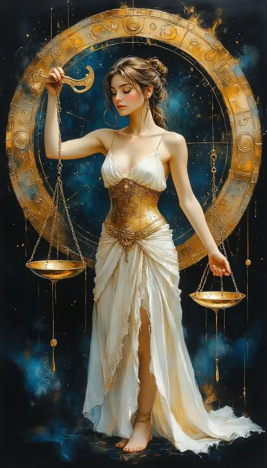 Ảnh nền khóa máy người phụ nữ mặc váy trắng đứng trong khung tròn vàng, hai tay nâng cán cân nhỏ và thân người hơi nghiêng tạo dáng thanh thoát như tượng cổ điển