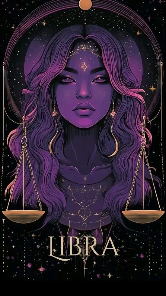 Chân dung cô gái da tím tóc đen tím nhìn thẳng từ nền tối, hai chiếc cân nhỏ nằm thấp hai bên làm ảnh đại diện phong cách Libra gọn, sắc và thiên về gương mặt