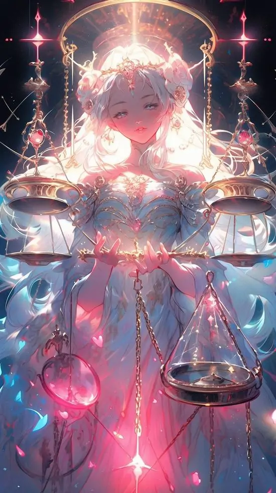 Wallpaper điện thoại cụm ánh sáng hồng trắng xếp đối xứng quanh một chiếc cân nhỏ ở giữa, nền tím sẫm phủ hạt sáng dày khiến hình nền cung Thiên Bình trông rực hơn hẳn