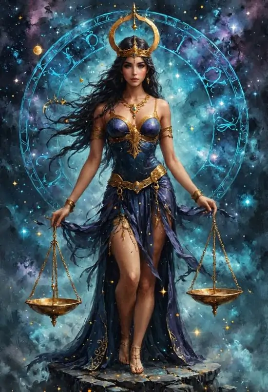 Người phụ nữ mặc bộ đồ xanh đen đứng chính diện giữa nền sao xanh, hai tay buông gần hai chiếc cân và mái tóc dài làm hình ảnh Thiên Bình nghệ thuật nhìn rất mạnh