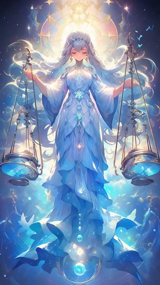 Ảnh nền smartphone nữ thần váy xanh sáng đứng giữa luồng sáng trắng, hai bên là cán cân nhỏ lơ lửng và toàn bộ khung ảnh trông mịn, lạnh, rất hợp phong cách Libra