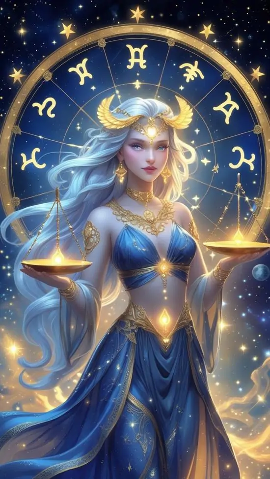 Cô gái tóc vàng đội mũ miện sao, mặc váy xanh ôm dáng và đứng trước vòng hoàng đạo lớn, ánh sáng vàng quanh mặt khiến ảnh chòm sao Thiên Xứng trông nổi và tươi