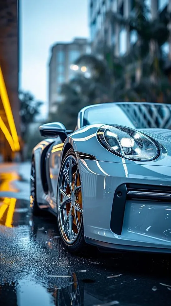 Wallpaper xe hơi mẫu xe điện trắng đặt cạnh trạm sạc trong khu dân cư sạch sẽ, cây nhỏ và nền trời sớm làm ảnh màn hình ô tô HD sáng gọn và dễ nhìn