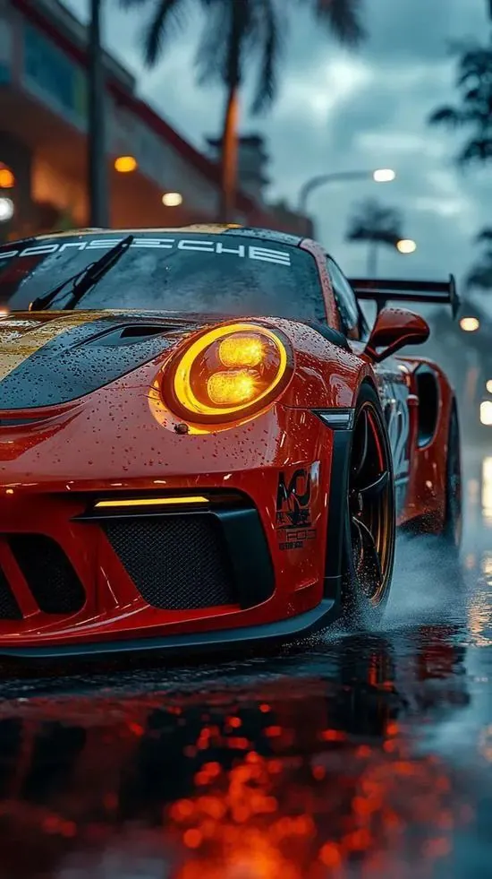 Ảnh màn hình chiếc xe cổ màu đỏ rượu nho đỗ dưới mái hiên nhà hát, bảng đèn chạy phía trên hắt xuống làm wallpaper xe cộ đẹp theo kiểu rất điện ảnh